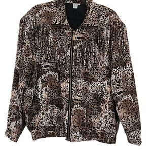 fringe 100 % Silk Leopard Print Jacket Zip Up Front Fringe Fuda International M